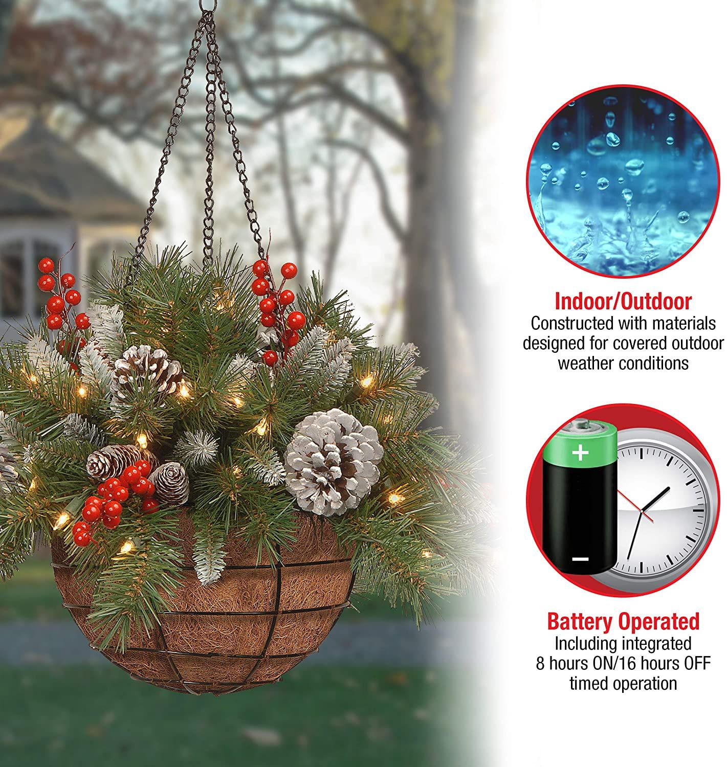 🎄Dazzling™ Pre-lit Artificial Christmas Hanging Basket - Flocked with Mixed Decorations and White LED Lights - Frosted Berry