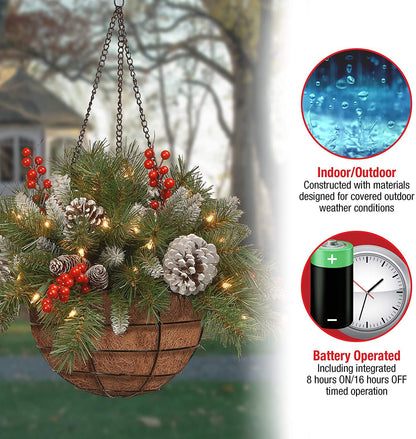 🎄Dazzling™ Pre-lit Artificial Christmas Hanging Basket - Flocked with Mixed Decorations and White LED Lights - Frosted Berry
