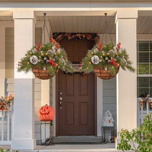 🎄Dazzling™ Pre-lit Artificial Christmas Hanging Basket - Flocked with Mixed Decorations and White LED Lights - Frosted Berry