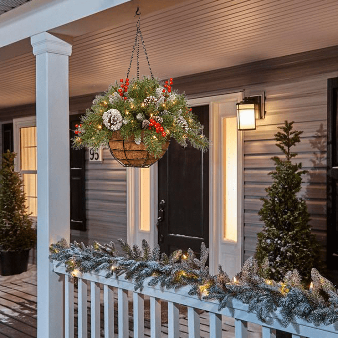 🎄Dazzling™ Pre-lit Artificial Christmas Hanging Basket - Flocked with Mixed Decorations and White LED Lights - Frosted Berry
