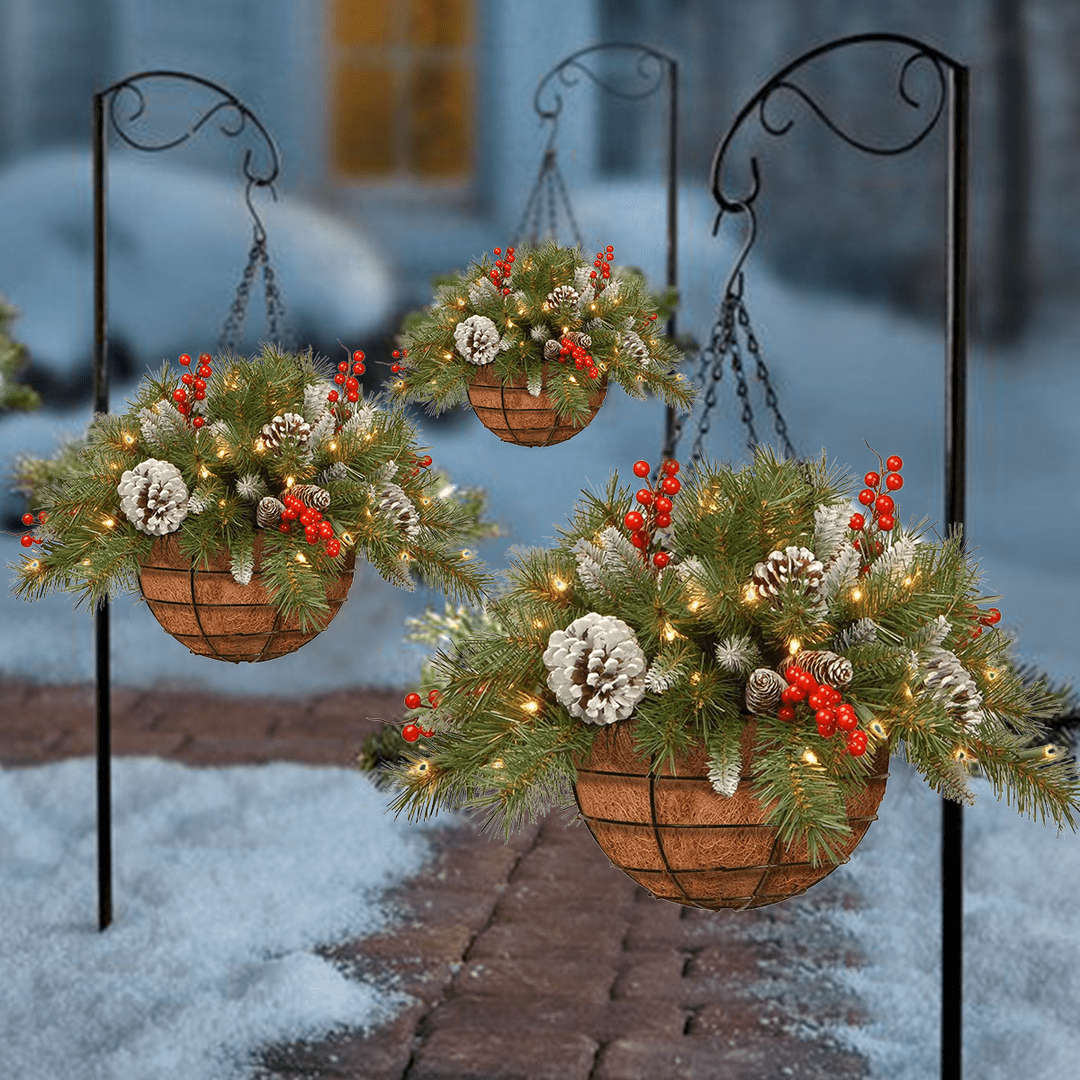 🎄Dazzling™ Pre-lit Artificial Christmas Hanging Basket - Flocked with Mixed Decorations and White LED Lights - Frosted Berry