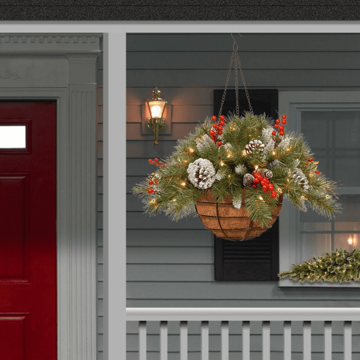 🎄Dazzling™ Pre-lit Artificial Christmas Hanging Basket - Flocked with Mixed Decorations and White LED Lights - Frosted Berry