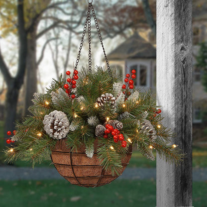 🎄Dazzling™ Pre-lit Artificial Christmas Hanging Basket - Flocked with Mixed Decorations and White LED Lights - Frosted Berry