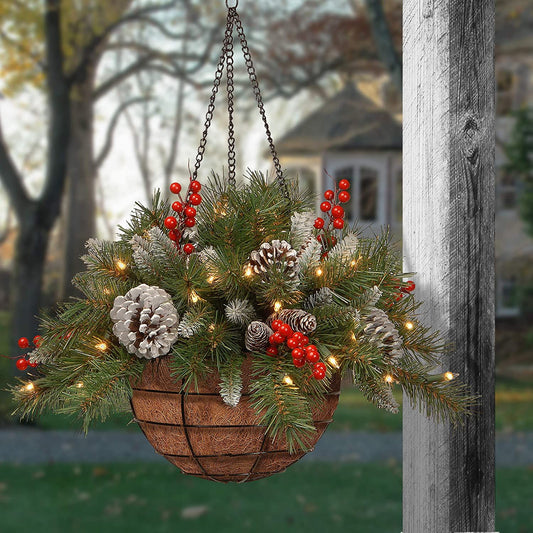 🎄Dazzling™ Pre-lit Artificial Christmas Hanging Basket - Flocked with Mixed Decorations and White LED Lights - Frosted Berry
